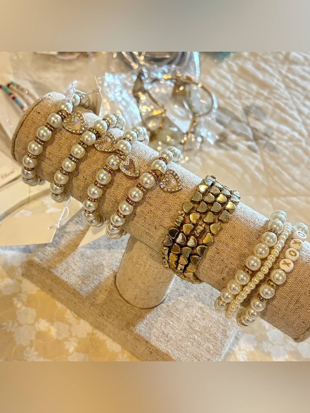 Pearl and Gold Heart Stretch Bracelets • Lot of 6